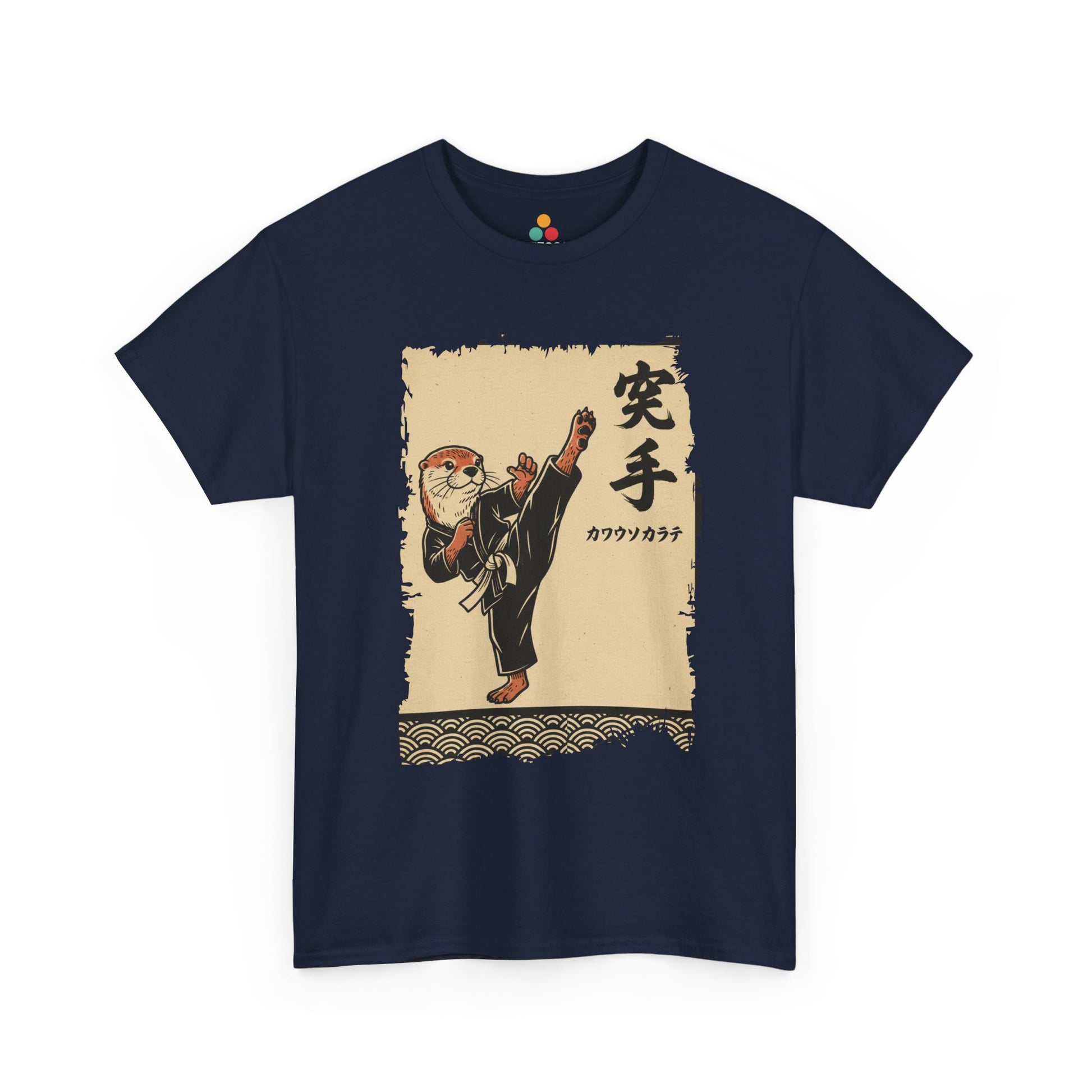 Vintage Japanese Navy Te shirt ukiyo-e style otter karate master doing a high kick with waves and calligraphy on parchment background