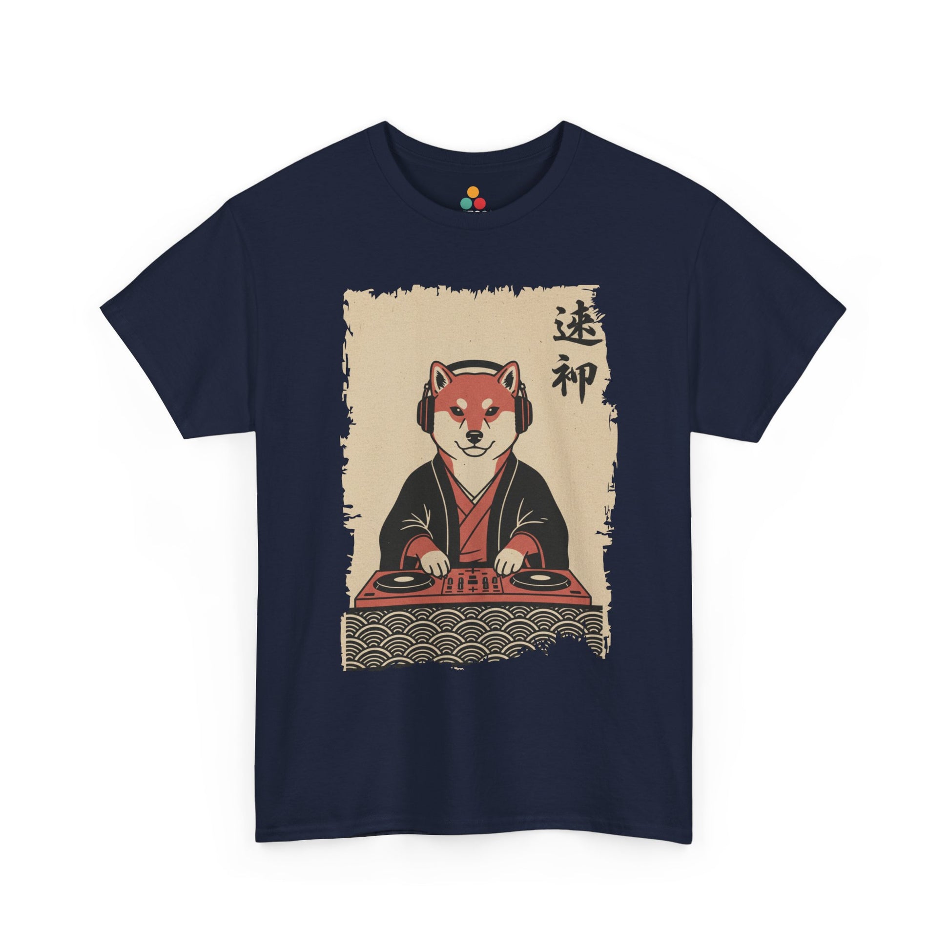Vintage Japanese Navy Tee shirt ukiyo-e style Shiba Inu DJ playing turntable with headphones and calligraphy on parchment background
