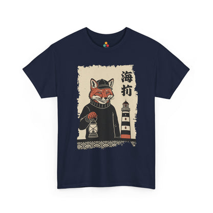 Vintage Japanese  Navy Tee shirt ukiyo-e style fox lighthouse keeper holding a lantern with waves and calligraphy on parchment background