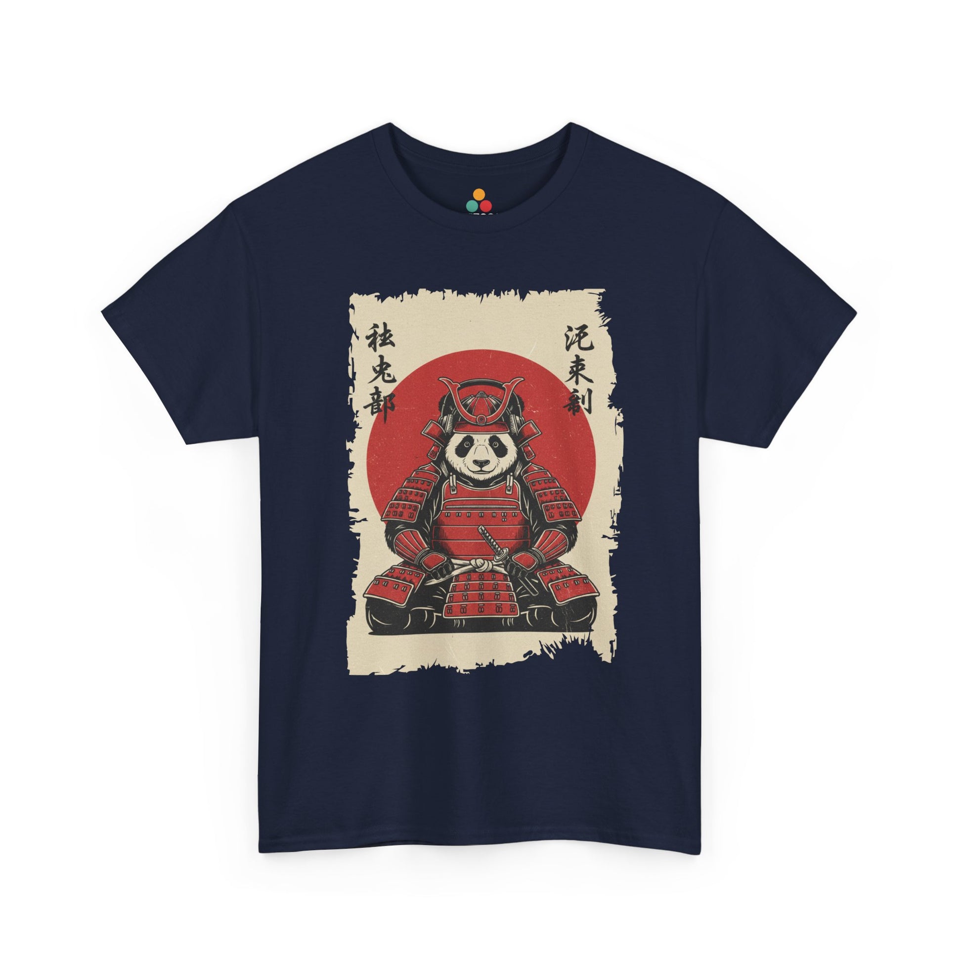 Vintage Japanese Navy Tee shirt ukiyo-e style panda samurai warrior in red armor with red sun and calligraphy on parchment background