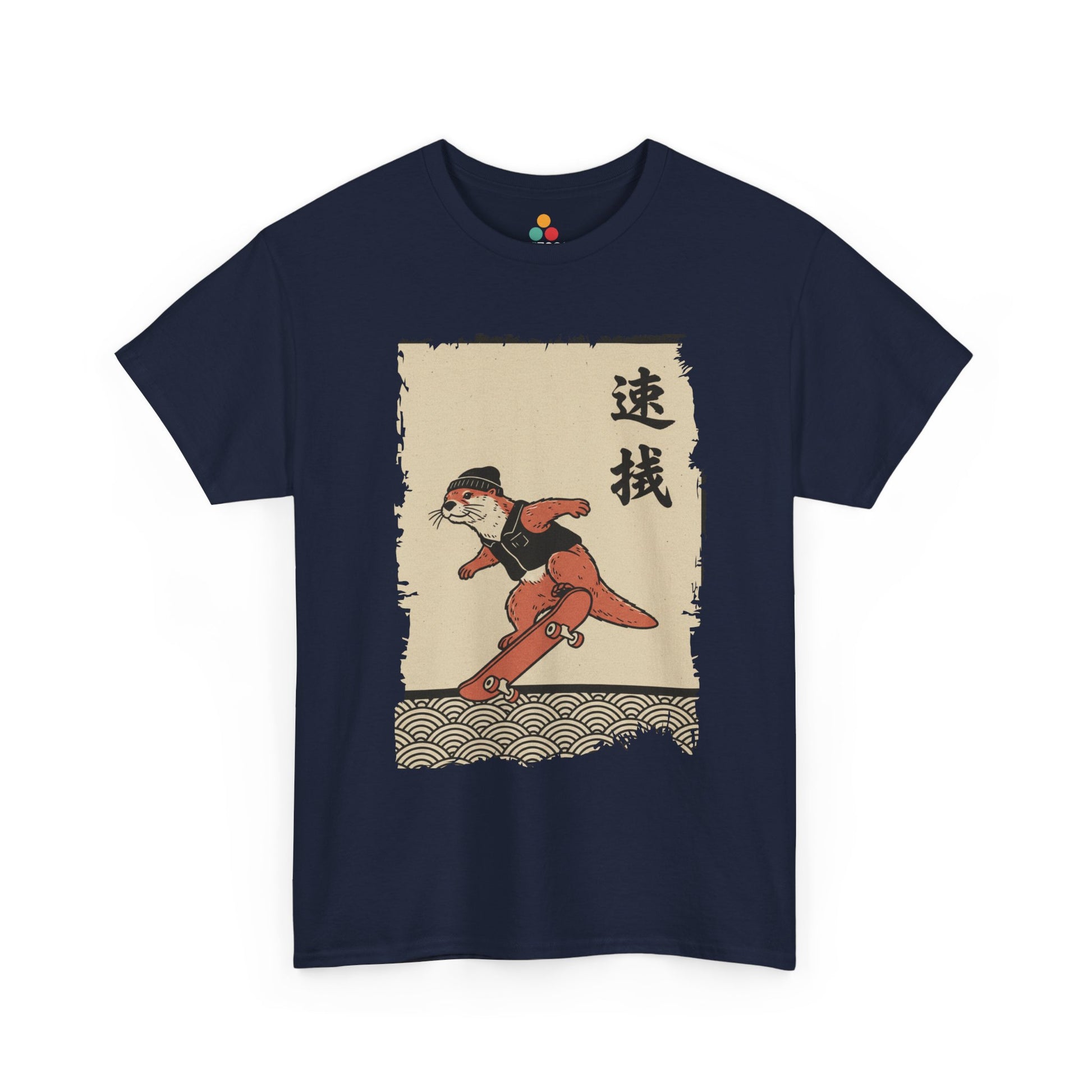 Vintage Japanese Navy Vintage ukiyo-e style otter skateboarding with waves and calligraphy on parchment background​
