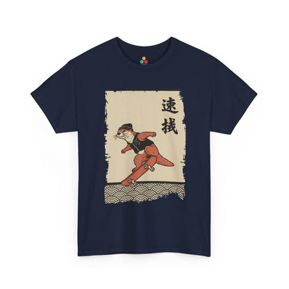 Vintage Japanese Navy Vintage ukiyo-e style otter skateboarding with waves and calligraphy on parchment background​
