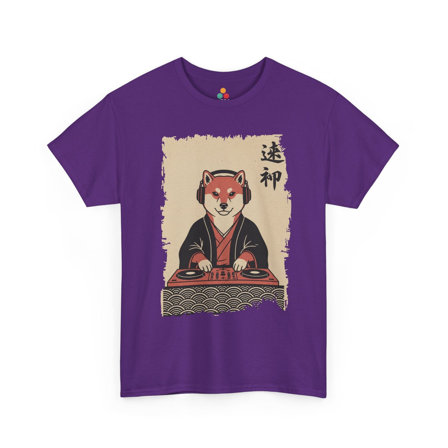 Vintage Japanese Purple Tee shirt ukiyo-e style Shiba Inu DJ playing turntable with headphones and calligraphy on parchment background
