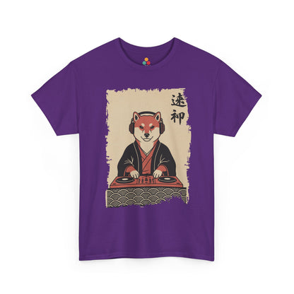 Vintage Japanese Purple Tee shirt ukiyo-e style Shiba Inu DJ playing turntable with headphones and calligraphy on parchment background
