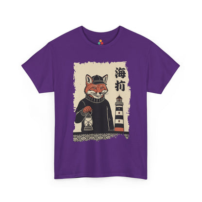 Vintage Japanese  Purple Tee shirt ukiyo-e style fox lighthouse keeper holding a lantern with waves and calligraphy on parchment background