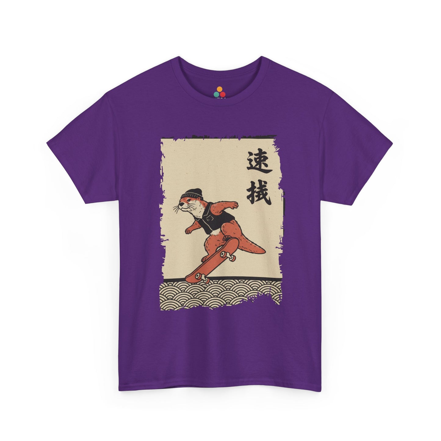 Vintage Japanese Purple Vintage ukiyo-e style otter skateboarding with waves and calligraphy on parchment background​
