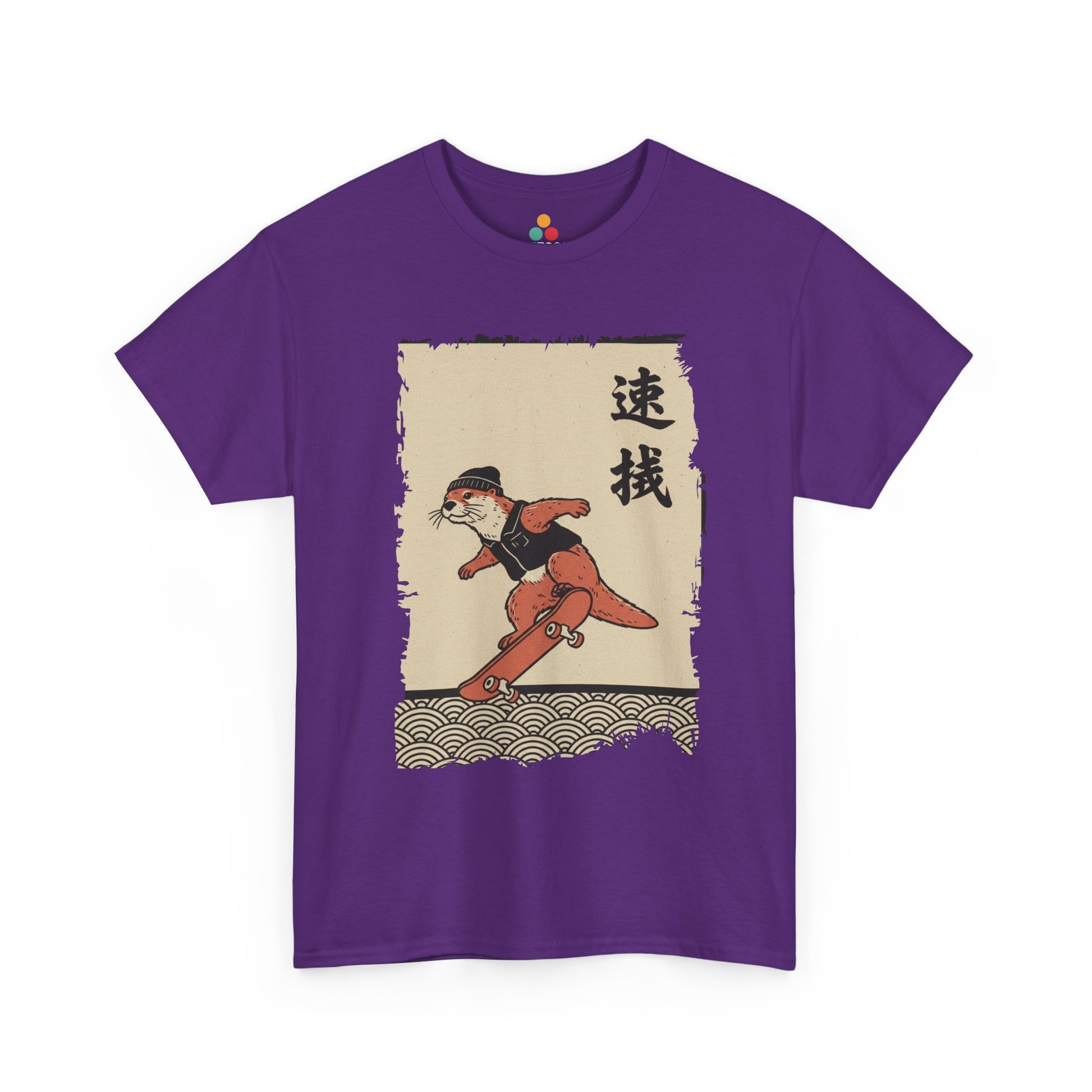 Vintage Japanese Purple Vintage ukiyo-e style otter skateboarding with waves and calligraphy on parchment background​
