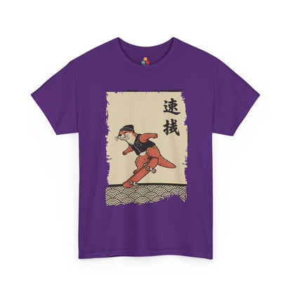 Vintage Japanese Purple Vintage ukiyo-e style otter skateboarding with waves and calligraphy on parchment background​
