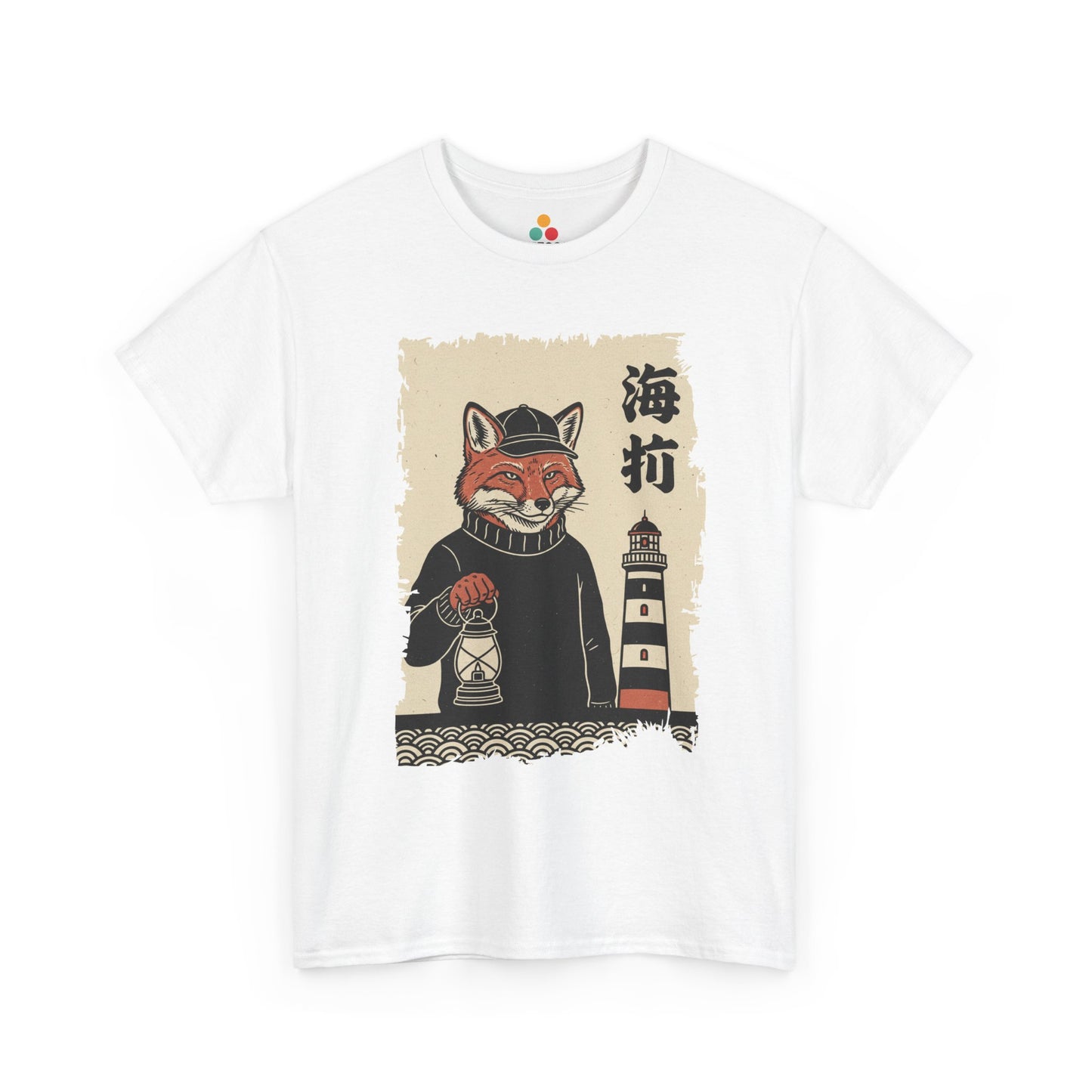 Vintage Japanese White Tee shirt ukiyo-e style fox lighthouse keeper holding a lantern with waves and calligraphy on parchment background