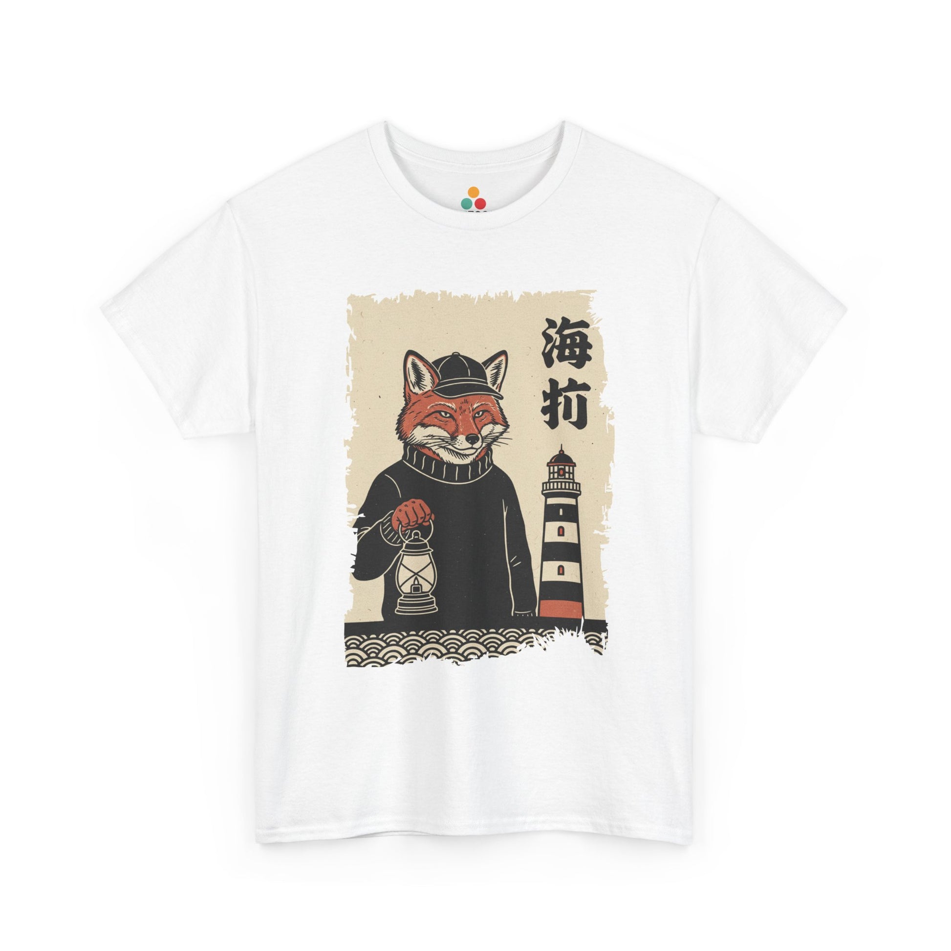 Vintage Japanese White Tee shirt ukiyo-e style fox lighthouse keeper holding a lantern with waves and calligraphy on parchment background