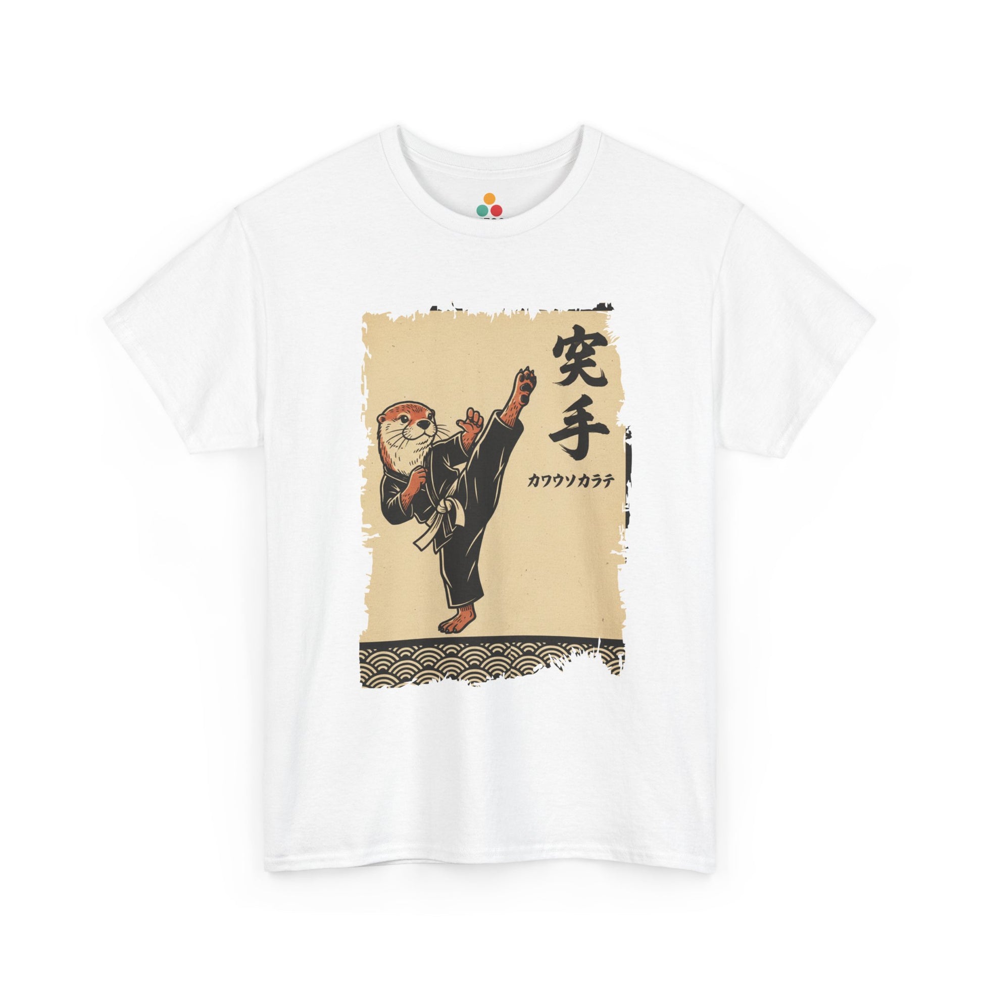 Vintage Japanese White Tee shirt ukiyo-e style otter karate master doing a high kick with waves and calligraphy on parchment background