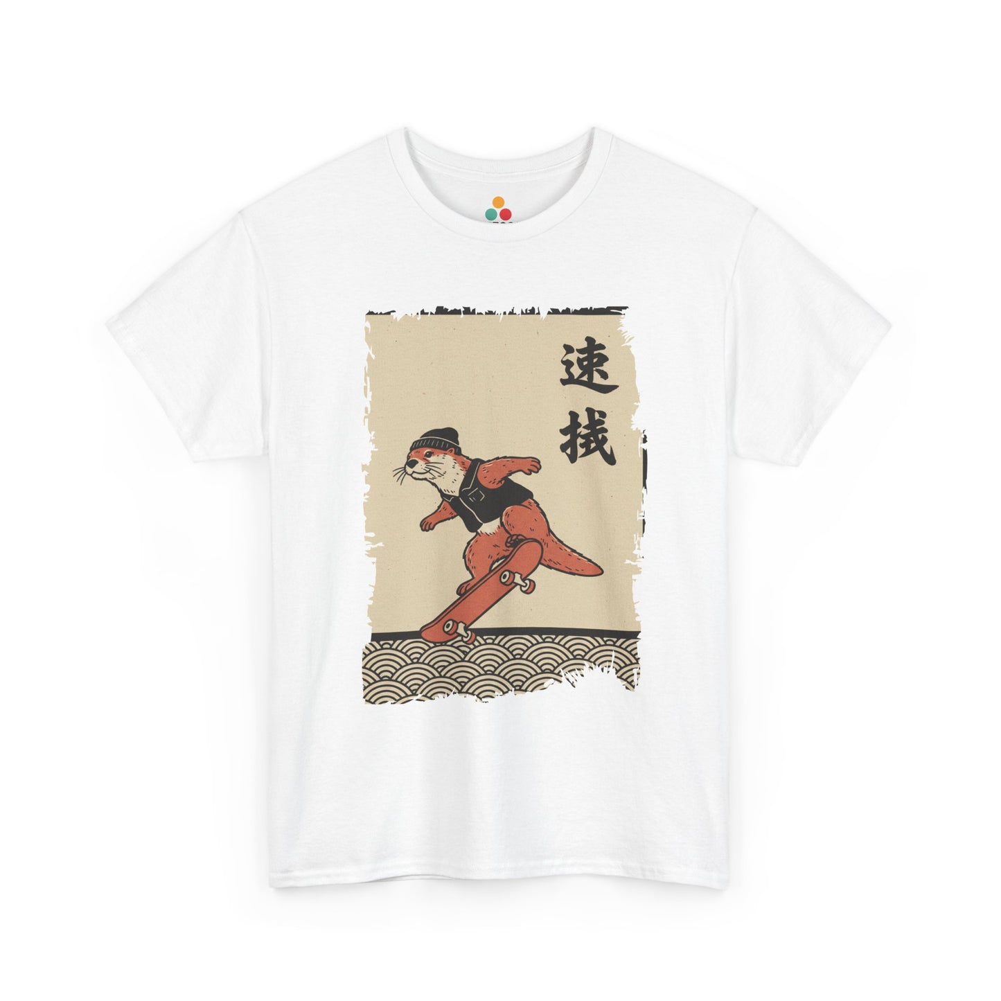 Vintage Japanese White Vintage ukiyo-e style otter skateboarding with waves and calligraphy on parchment background​
