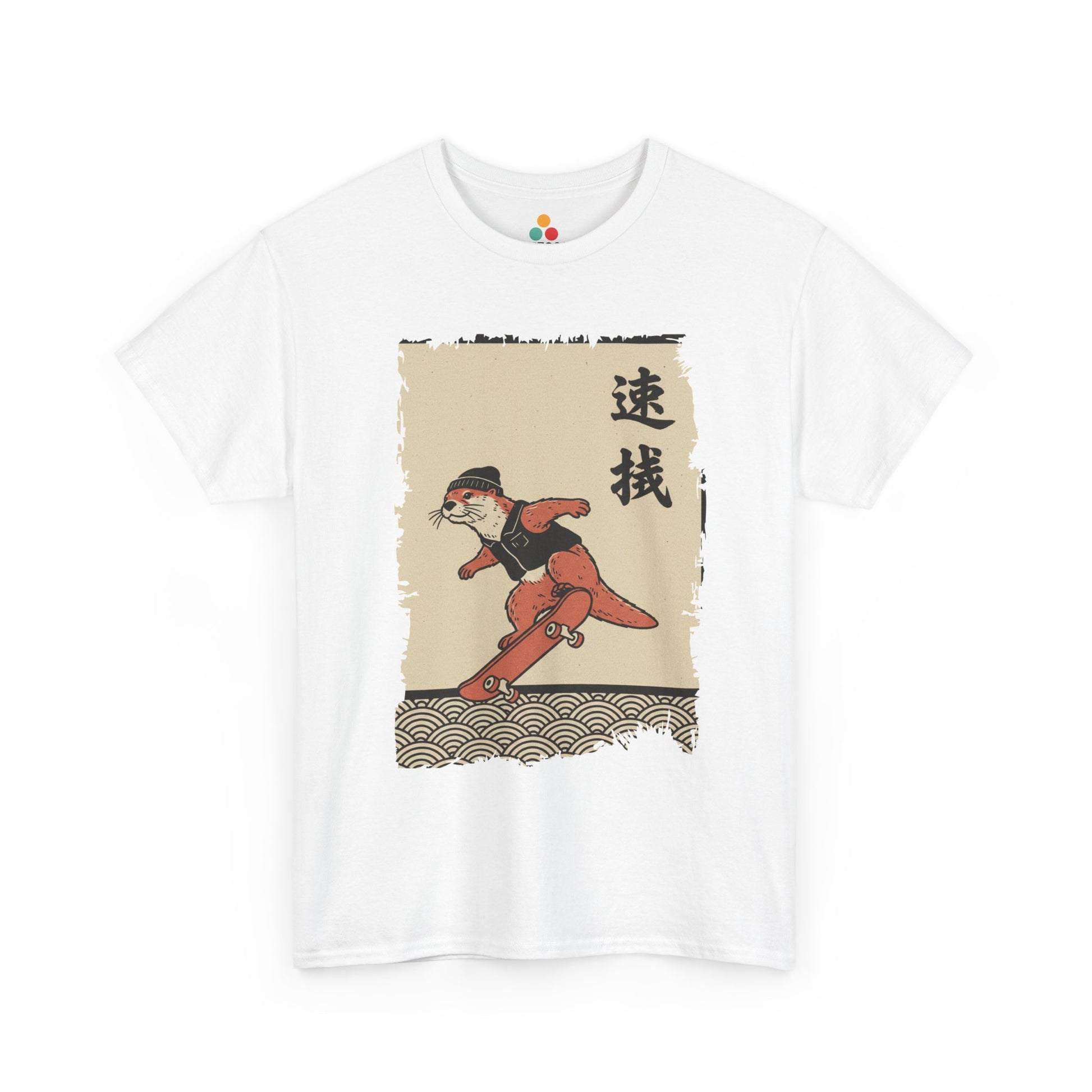 Vintage Japanese White Vintage ukiyo-e style otter skateboarding with waves and calligraphy on parchment background​
