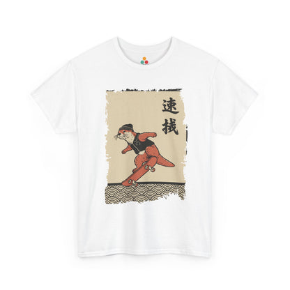 Vintage Japanese White Vintage ukiyo-e style otter skateboarding with waves and calligraphy on parchment background​
