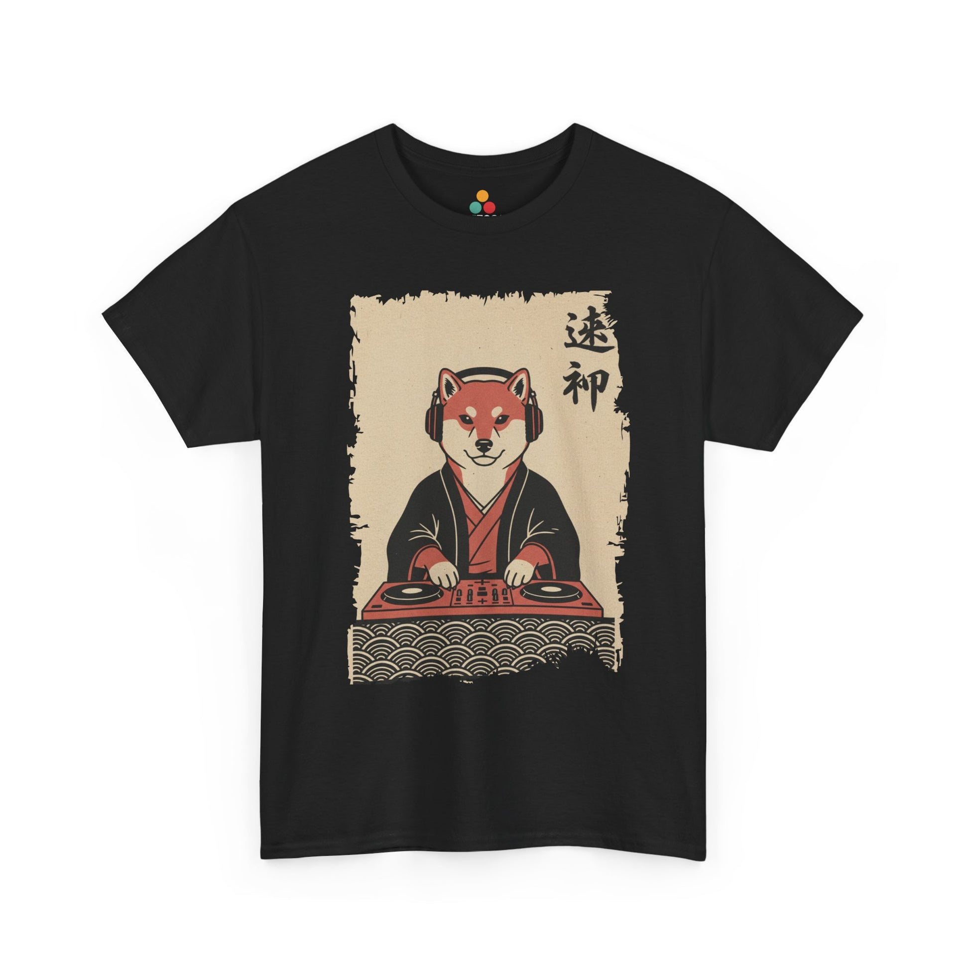 Vintage Japanese ukiyo-e style Shiba Inu DJ playing turntable with headphones and calligraphy on parchment background
