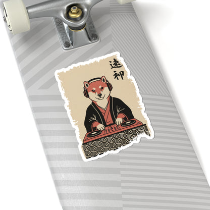 Vintage Japanese ukiyo-e style Shiba Inu DJ vinyl die-cut sticker of a fox in traditional attire on a white background