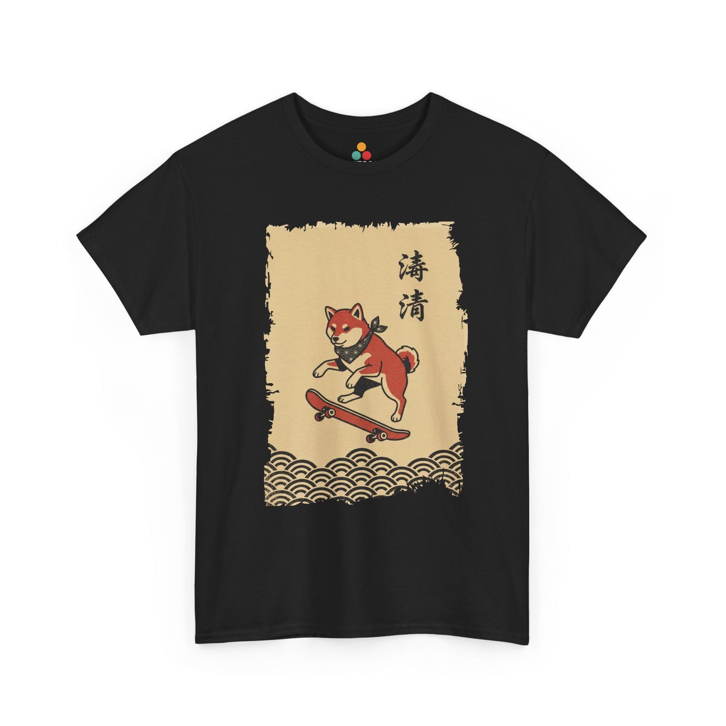 Vintage Japanese ukiyo-e style Shiba Inu skateboarding with wave pattern On A Black Tee shirt