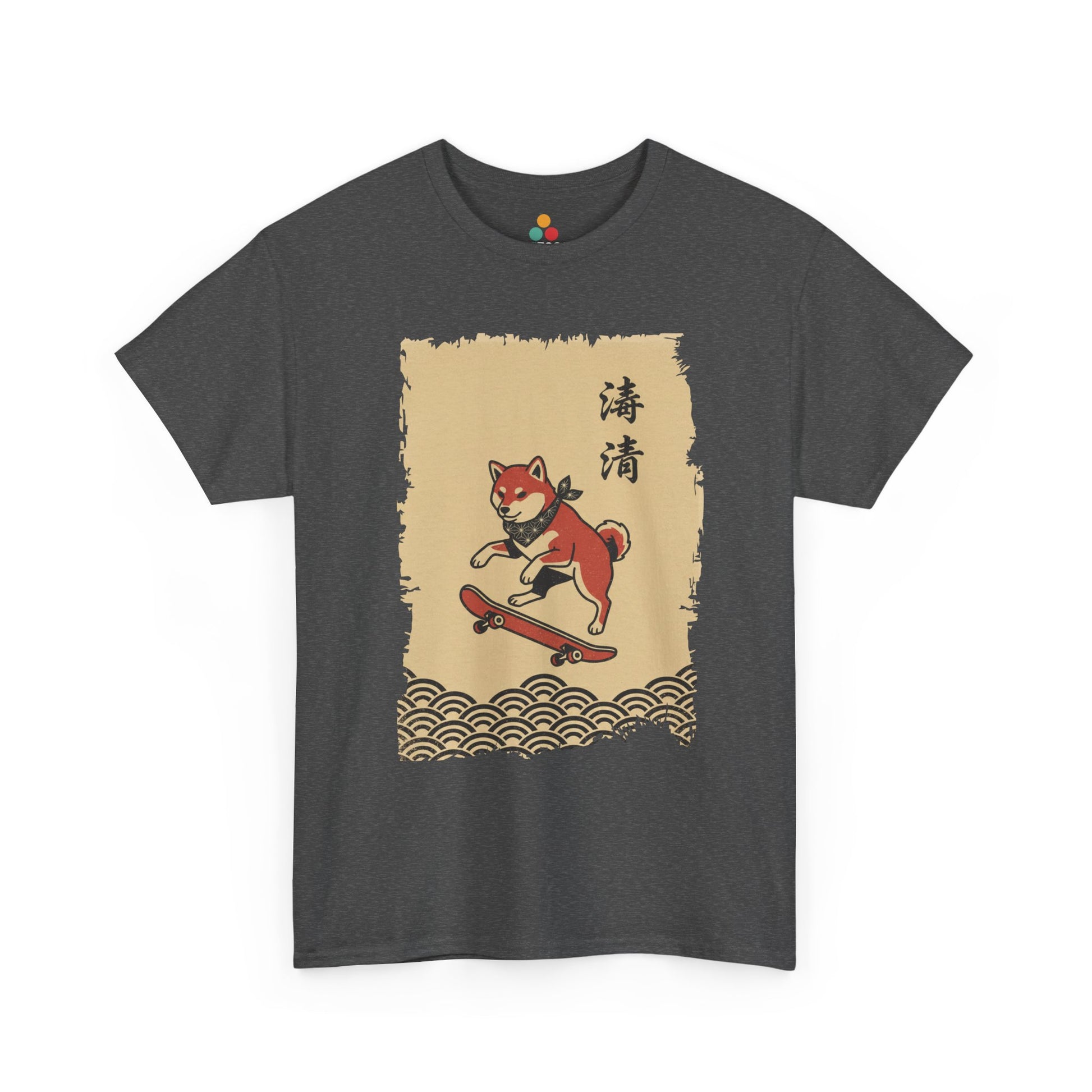 Vintage Japanese ukiyo-e style Shiba Inu skateboarding with wave pattern On A Gray Tee shirt