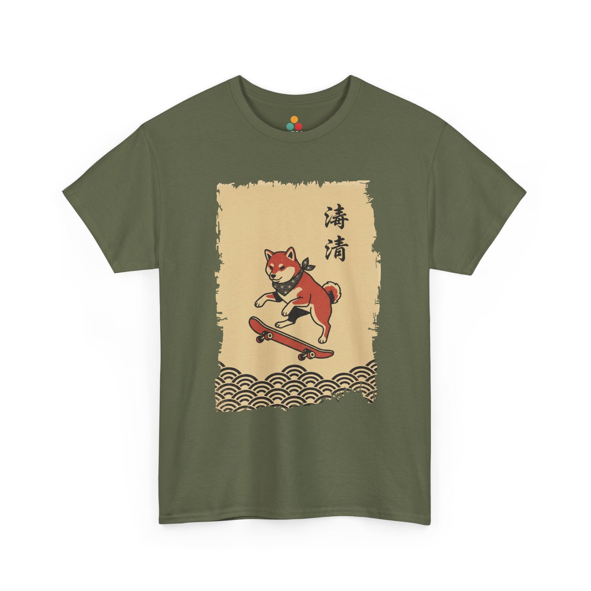 Vintage Japanese ukiyo-e style Shiba Inu skateboarding with wave pattern On A Green Tee shirt