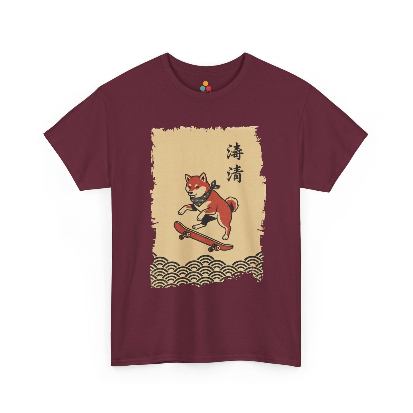 Vintage Japanese ukiyo-e style Shiba Inu skateboarding with wave pattern On A Maroon Tee shirt