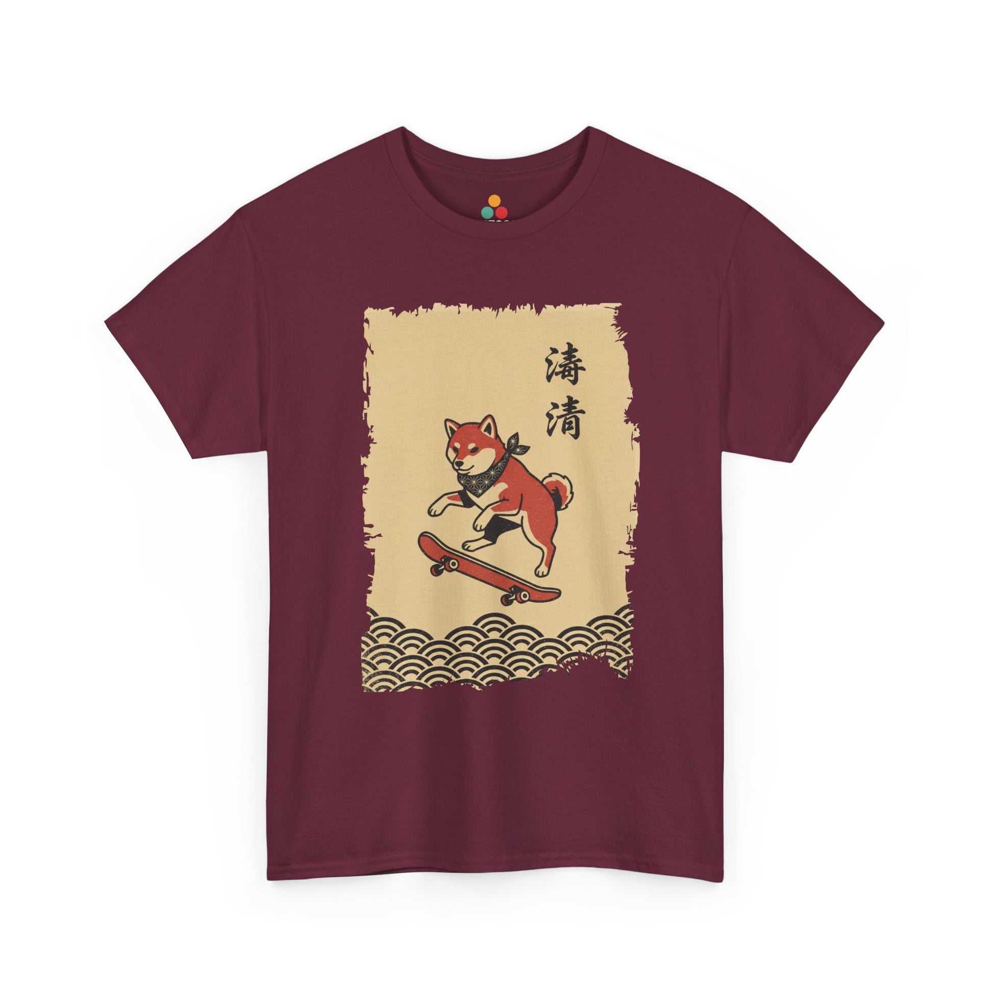 Vintage Japanese ukiyo-e style Shiba Inu skateboarding with wave pattern On A Maroon Tee shirt