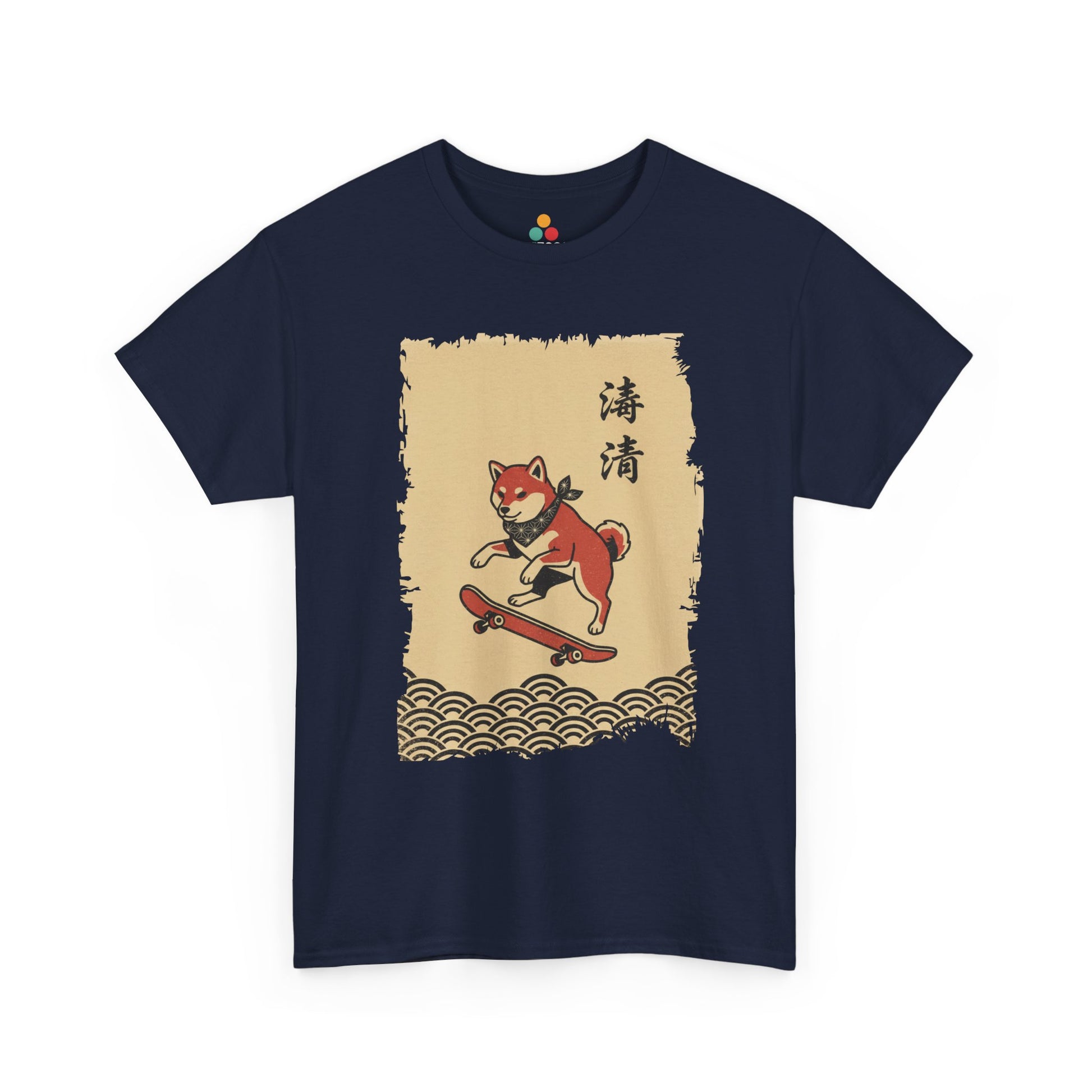 Vintage Japanese ukiyo-e style Shiba Inu skateboarding with wave pattern On A Navy Tee shirt