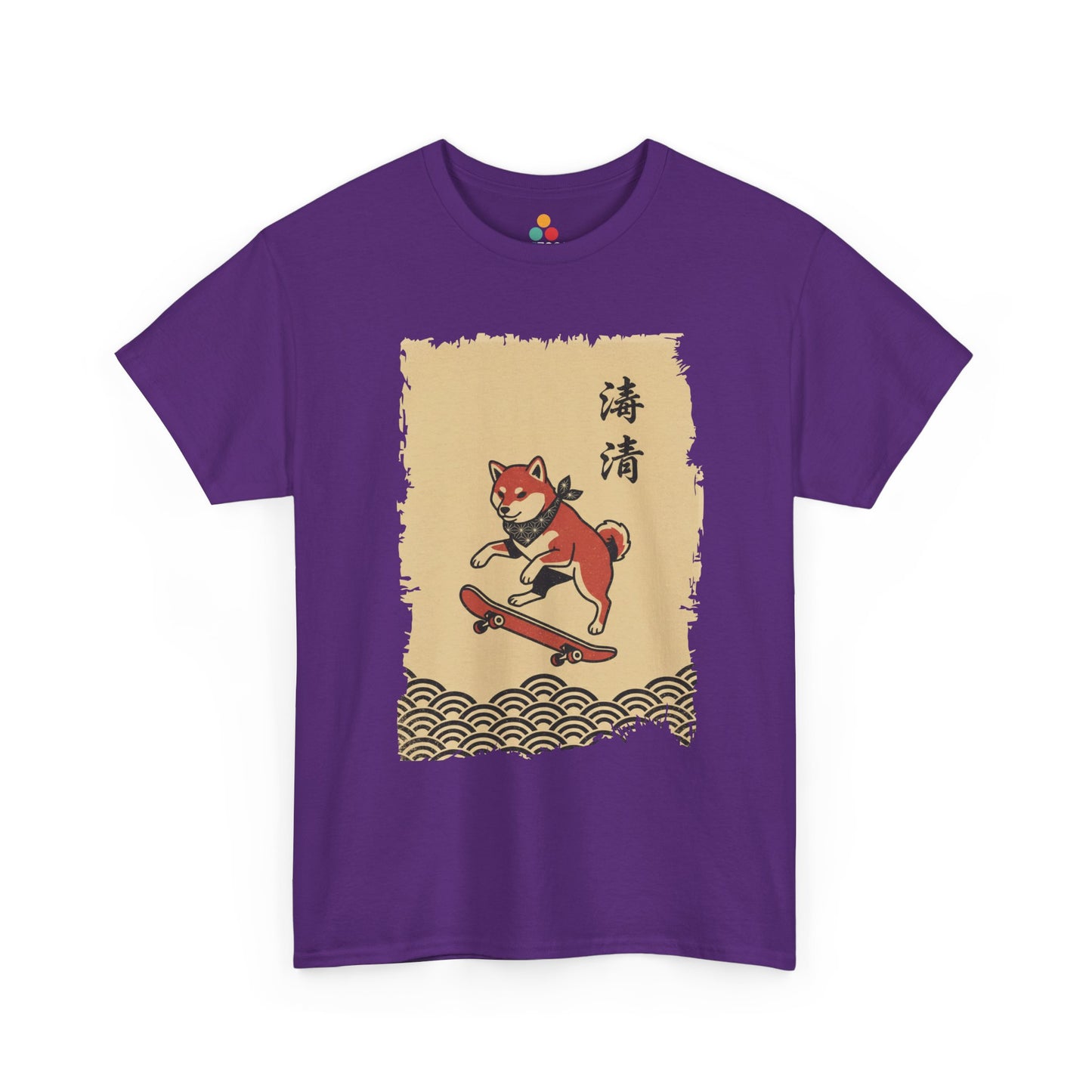 Vintage Japanese ukiyo-e style Shiba Inu skateboarding with wave pattern On A Purple Tee shirt