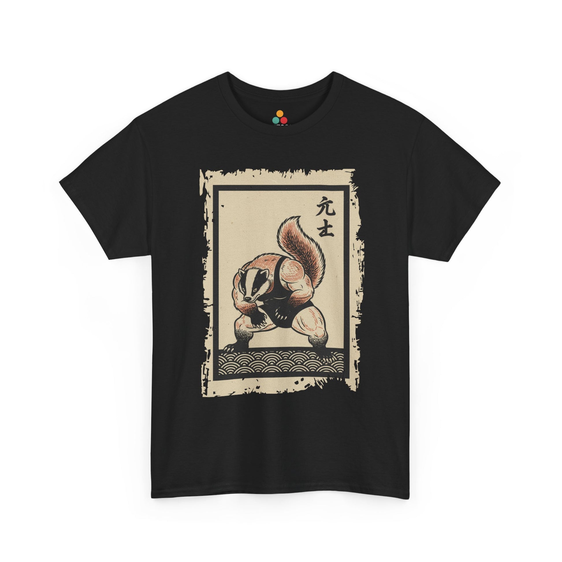 Vintage Japanese ukiyo-e style badger sumo wrestler in stance with waves and calligraphy on parchment background​

