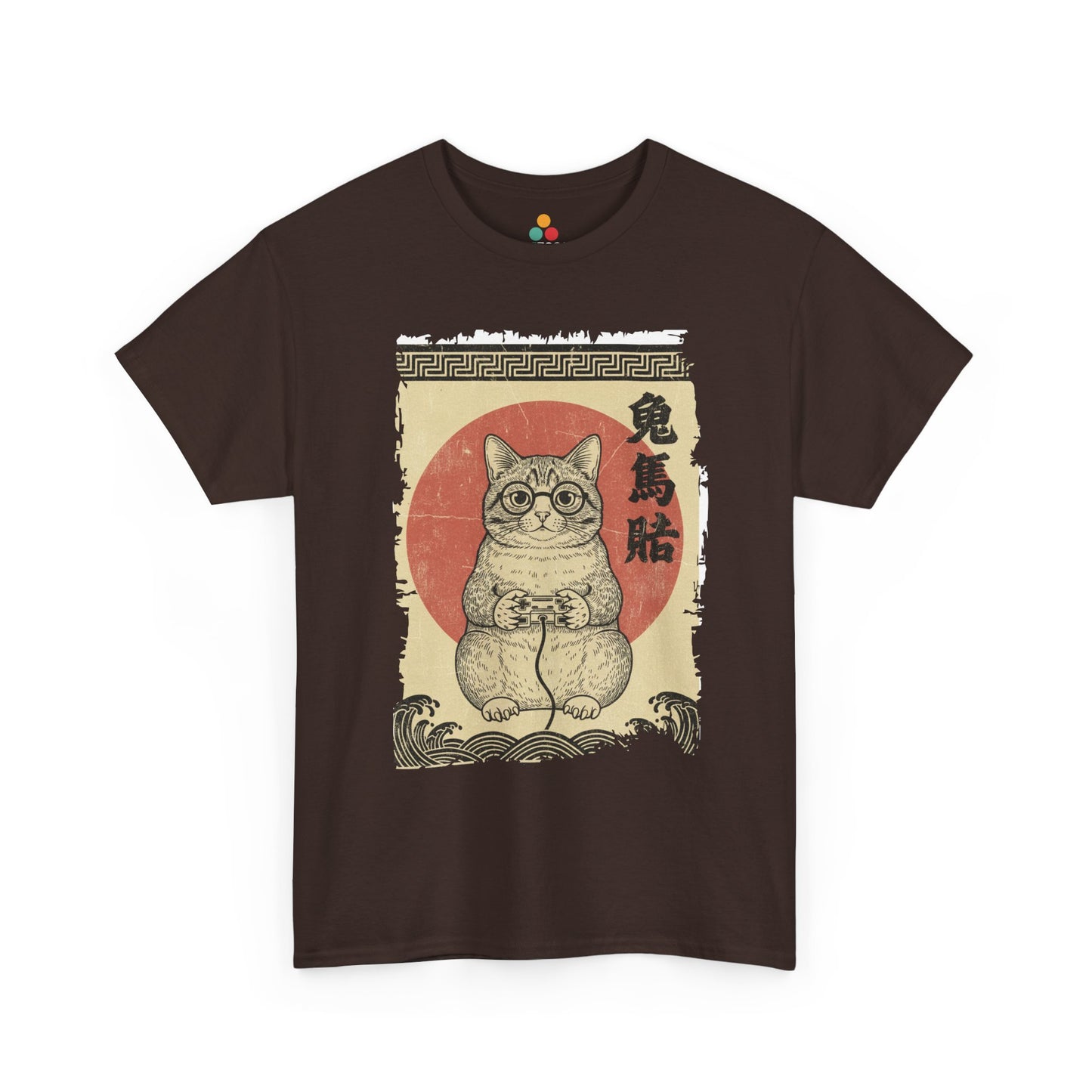 Vintage Japanese ukiyo-e style gamer cat playing video games with wave pattern. On Brown tee shirt

