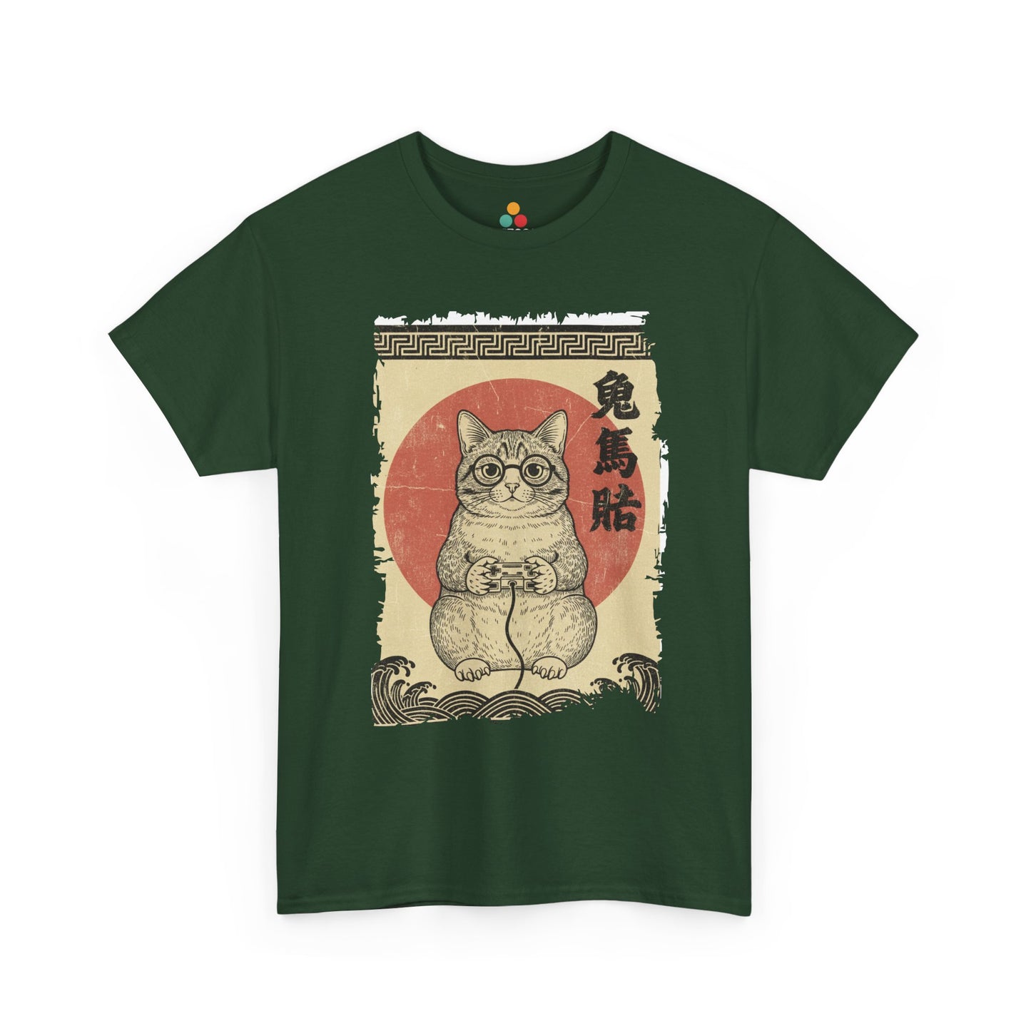 Vintage Japanese ukiyo-e style gamer cat playing video games with wave pattern. On Green tee shirt

