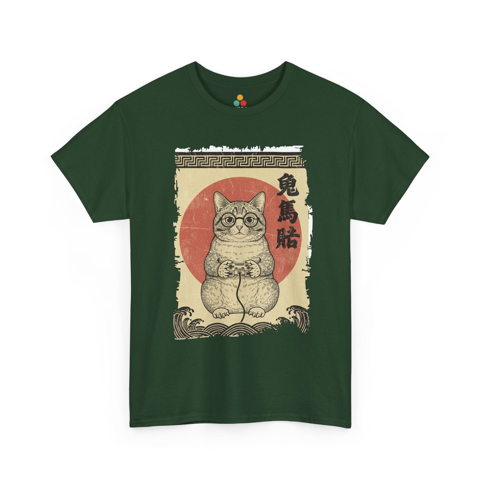 Vintage Japanese ukiyo-e style gamer cat playing video games with wave pattern. On Green tee shirt

