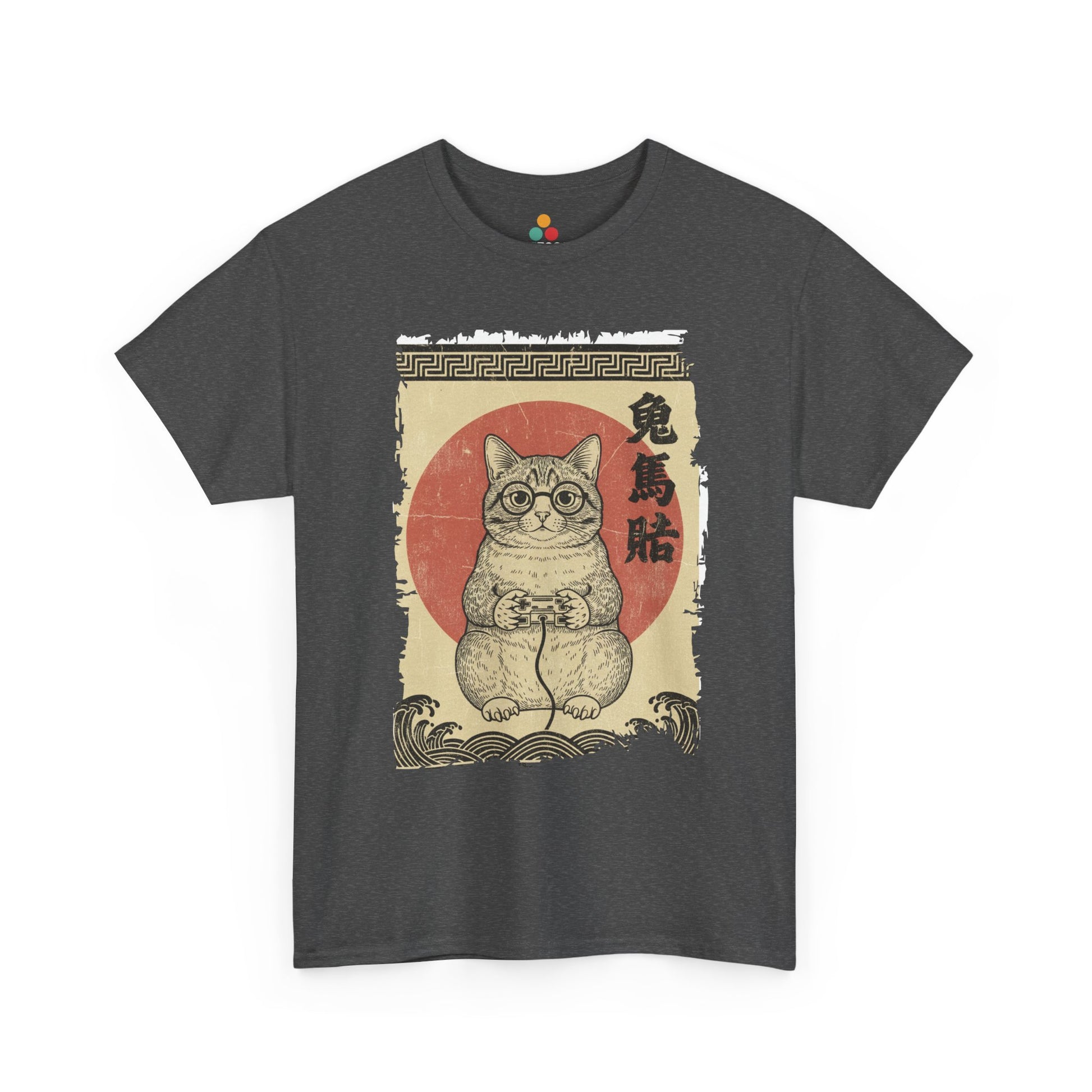 Vintage Japanese ukiyo-e style gamer cat playing video games with wave pattern. On Green tee shirt

