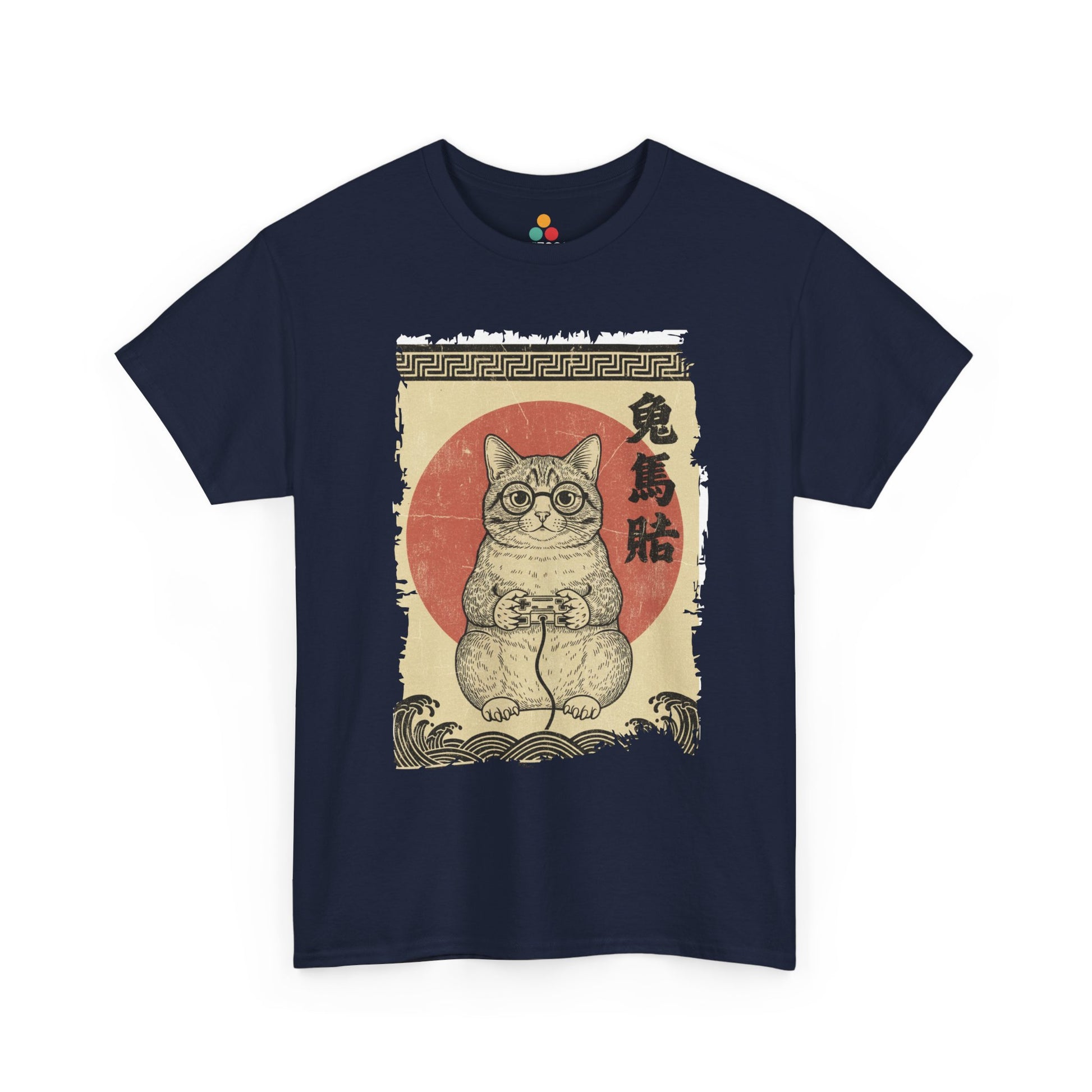 Vintage Japanese ukiyo-e style gamer cat playing video games with wave pattern. On Navy tee shirt

