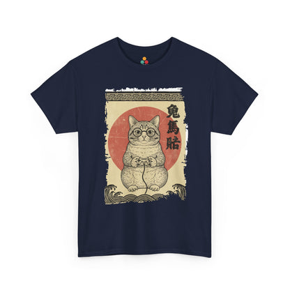 Vintage Japanese ukiyo-e style gamer cat playing video games with wave pattern. On Navy tee shirt

