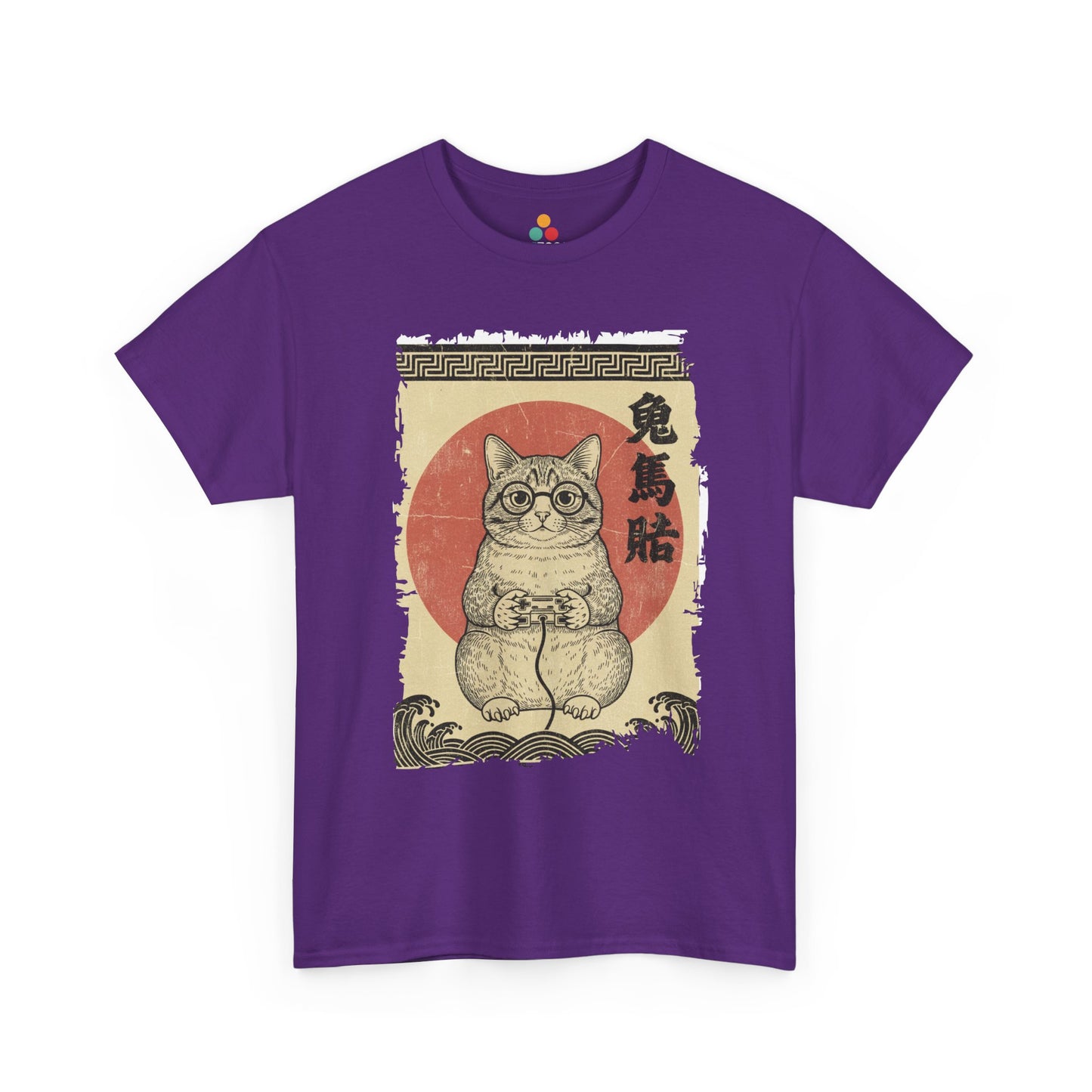 Vintage Japanese ukiyo-e style gamer cat playing video games with wave pattern. On Purple tee shirt

