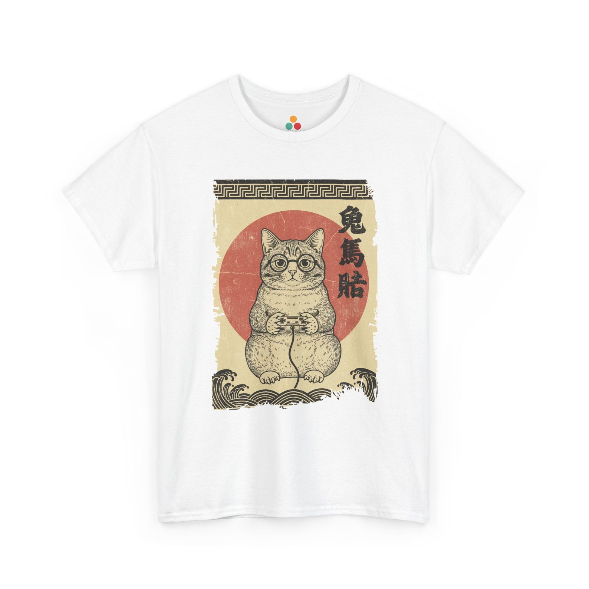 Vintage Japanese ukiyo-e style gamer cat playing video games with wave pattern. On white tee shirt

