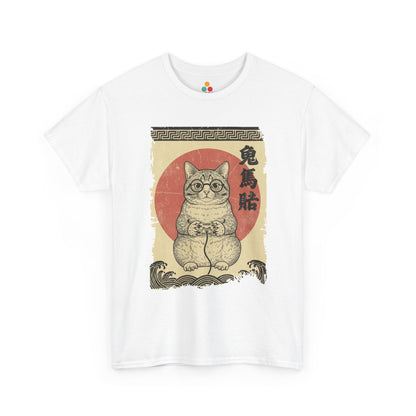 Vintage Japanese ukiyo-e style gamer cat playing video games with wave pattern. On white tee shirt

