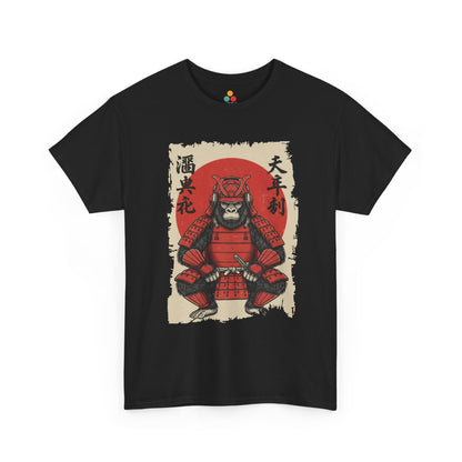 Vintage Japanese ukiyo-e style gorilla samurai in red armor with red sun backgroundOn black tee shirt​

