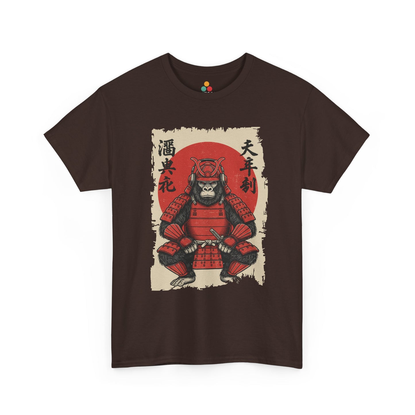 Vintage Japanese ukiyo-e style gorilla samurai in red armor with red sun background On Brown tee shirt​

