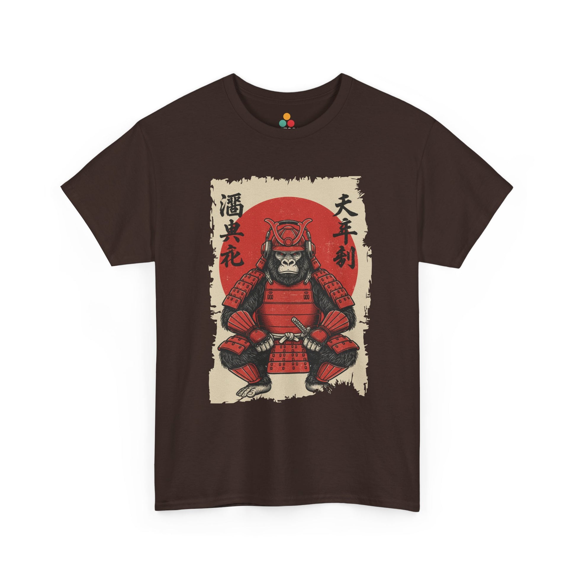 Vintage Japanese ukiyo-e style gorilla samurai in red armor with red sun background On Brown tee shirt​

