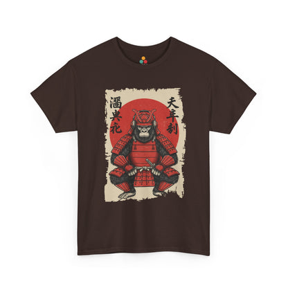 Vintage Japanese ukiyo-e style gorilla samurai in red armor with red sun background On Brown tee shirt​

