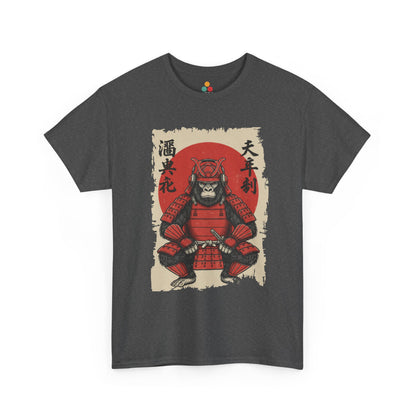 Vintage Japanese ukiyo-e style gorilla samurai in red armor with red sun background On Gray tee shirt​

