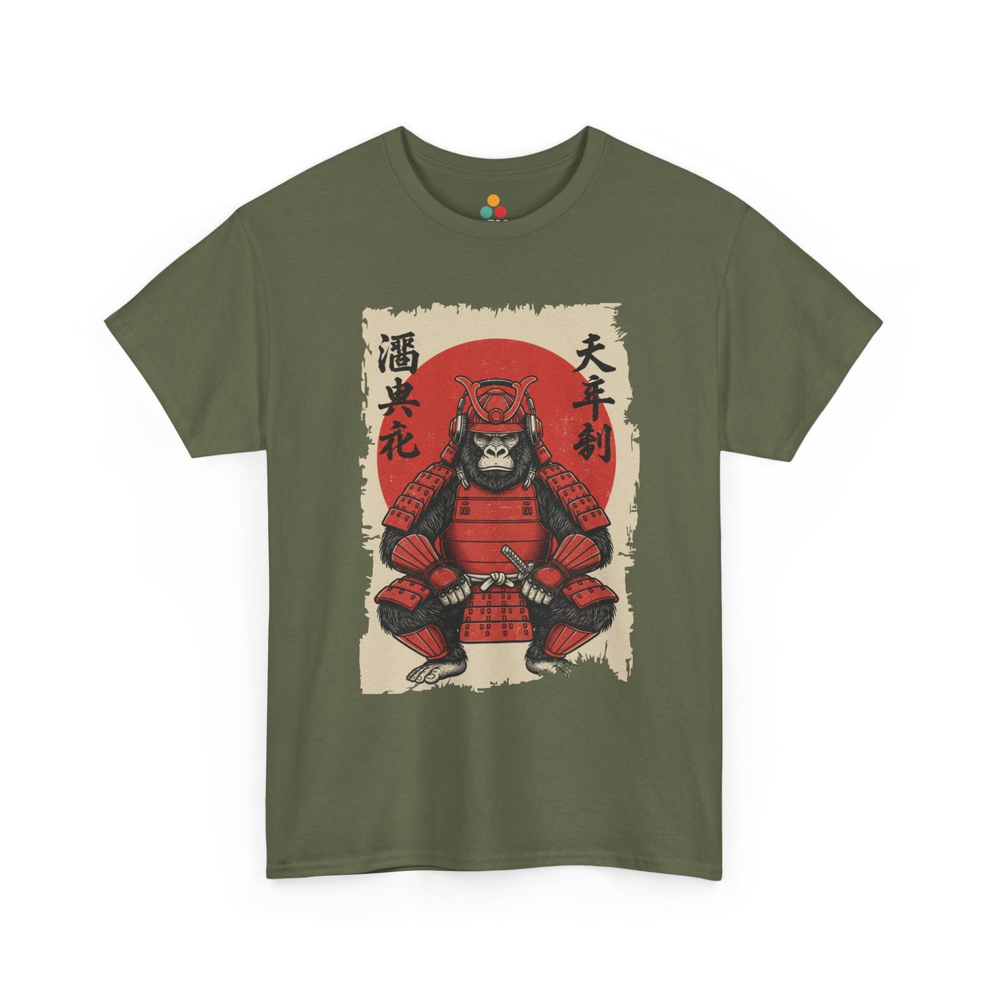 Vintage Japanese ukiyo-e style gorilla samurai in red armor with red sun background On Green tee shirt​

