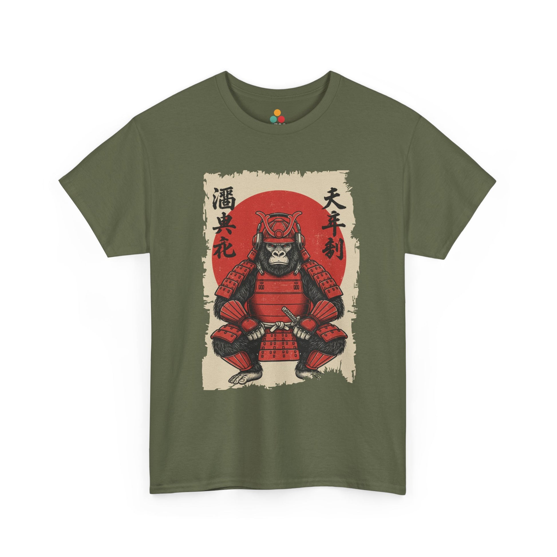 Vintage Japanese ukiyo-e style gorilla samurai in red armor with red sun background On Green tee shirt​

