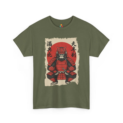 Vintage Japanese ukiyo-e style gorilla samurai in red armor with red sun background On Green tee shirt​

