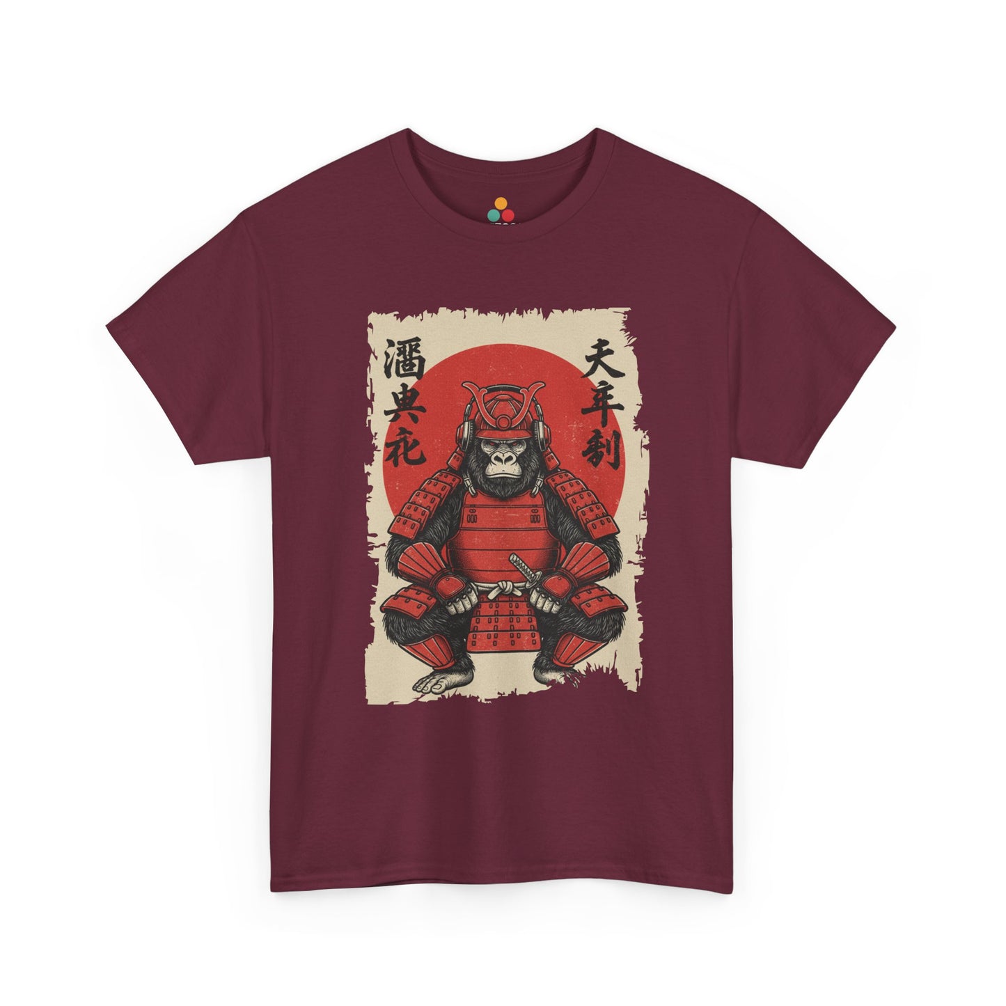 Vintage Japanese ukiyo-e style gorilla samurai in red armor with red sun background On Maroon tee shirt​

