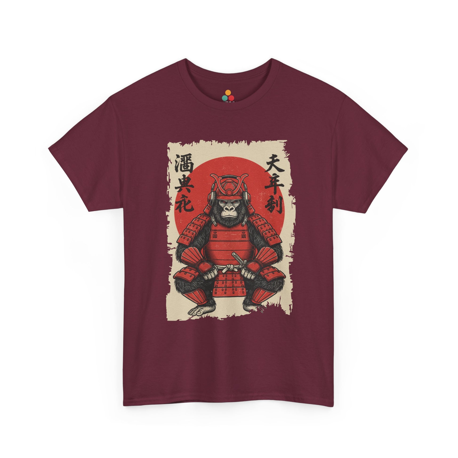 Vintage Japanese ukiyo-e style gorilla samurai in red armor with red sun background On Maroon tee shirt​

