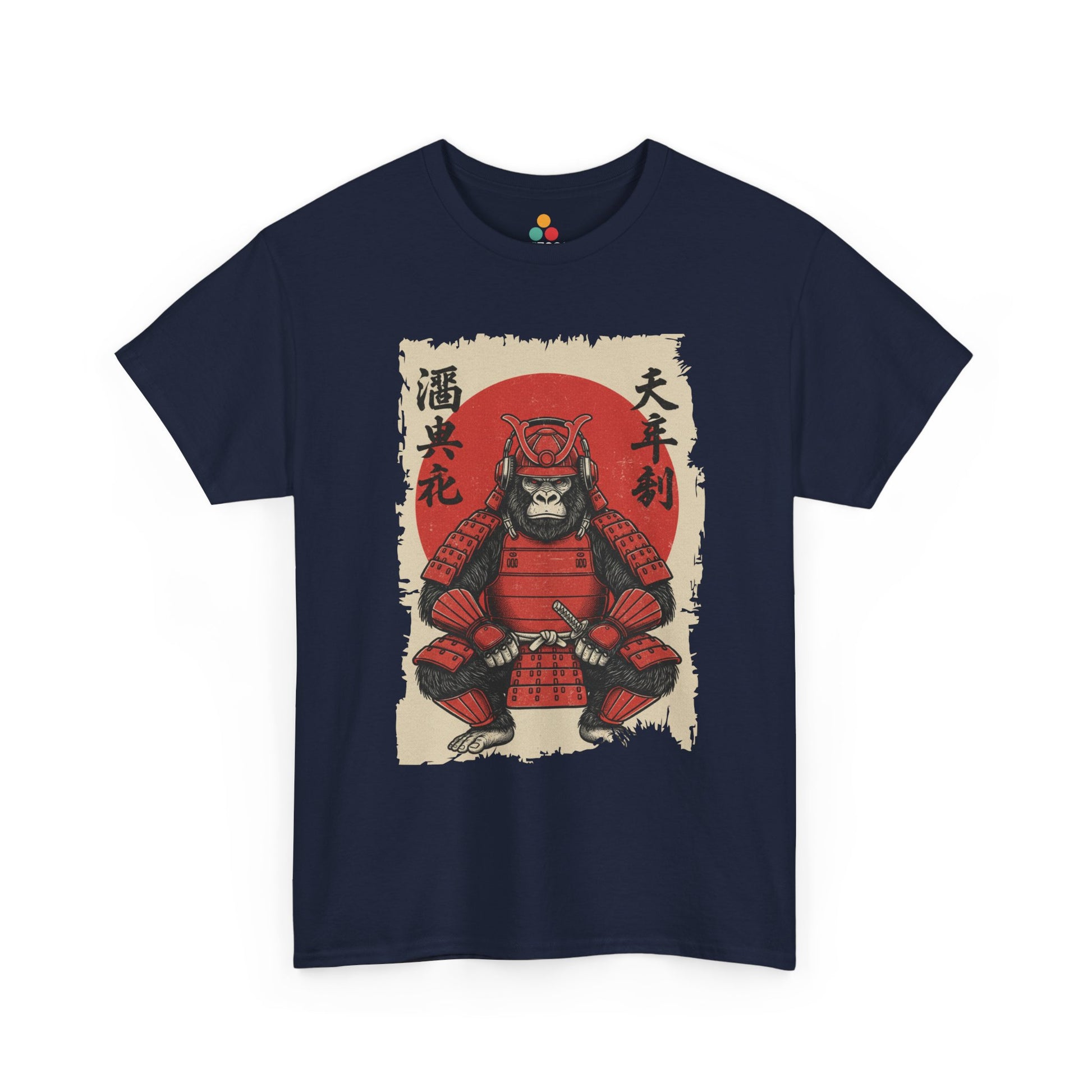 Vintage Japanese ukiyo-e style gorilla samurai in red armor with red sun background On Navy tee shirt​

