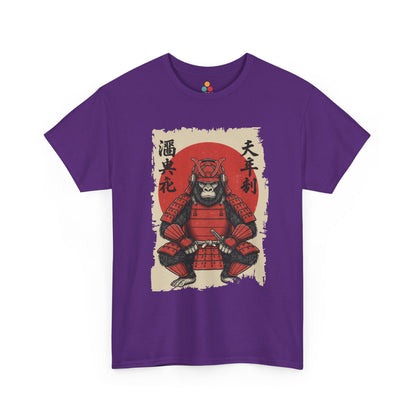 Vintage Japanese ukiyo-e style gorilla samurai in red armor with red sun background On Purple tee shirt​

