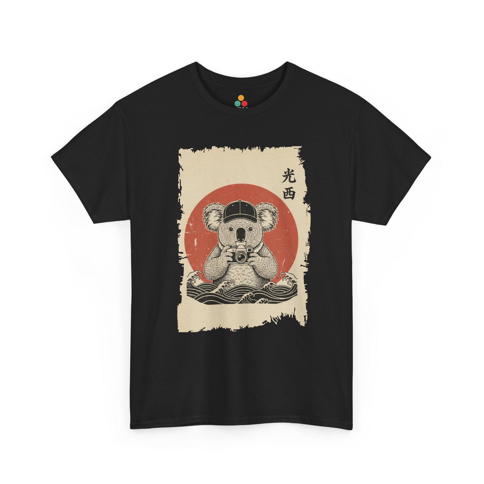 Vintage Japanese ukiyo-e style koala holding camera with red sun and waves.​
